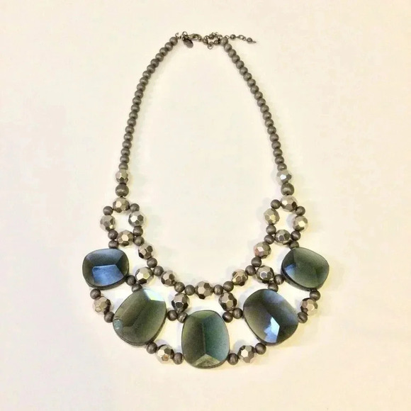 Vintage Express Womens Black Silver-tone Beads And Chunky Stones Bib Necklace OS - Picture 1 of 10